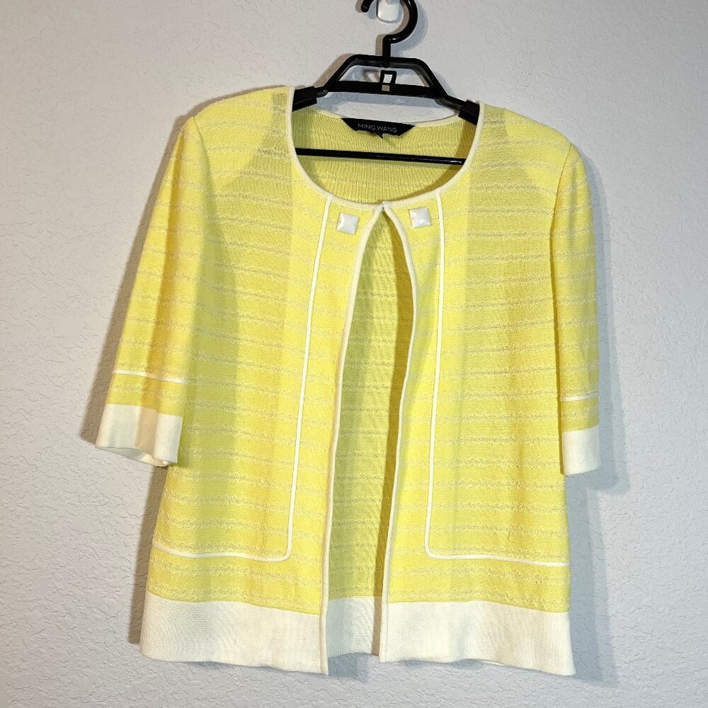 Ming Wang Women's MOMCORE EASTER Yellow & White Crop Knit Jacket, Size Small